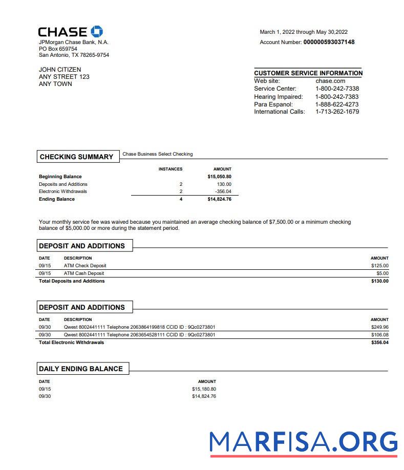Blank USA Chase bank statement word version 3 example